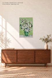 Roses · 16 × 24 inches · Stretched canvas · no border or text · room mockup · approximate scale against 60-inch sideboard