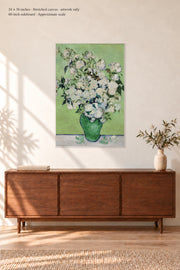 Roses · 24 × 36 inches · Stretched canvas · no border or text · room mockup · approximate scale against 60-inch sideboard