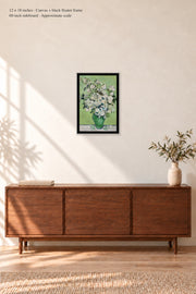 Roses · 12 × 18 inches · Canvas + Black Floater Frame · room mockup · approximate scale against 60-inch sideboard