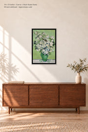 Roses · 16 × 24 inches · Canvas + Black Floater Frame · room mockup · approximate scale against 60-inch sideboard