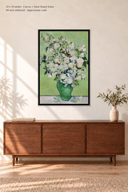Roses · 24 × 36 inches · Canvas + Black Floater Frame · room mockup · approximate scale against 60-inch sideboard