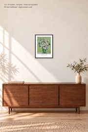Roses · 12 × 16 inches · Art print in a simple black frame · frame not included · room mockup · approximate scale against 60-inch sideboard