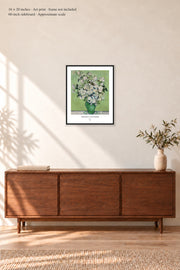 Roses · 16 × 20 inches · Art print in a simple black frame · frame not included · room mockup · approximate scale against 60-inch sideboard