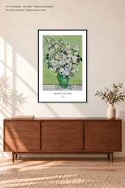 Roses · 24 × 36 inches · Art print in a simple black frame · frame not included · room mockup · approximate scale against 60-inch sideboard
