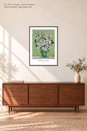 Roses · 19¾ × 27½ inches (50 × 70 cm) · Art print in a simple black frame · frame not included · room mockup · approximate scale against 60-inch sideboard