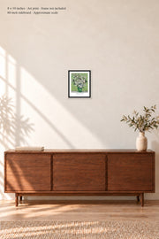 Roses · 8 × 10 inches · Art print in a simple black frame · frame not included · room mockup · approximate scale against 60-inch sideboard