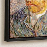 Self-Portrait with a Straw Hat — black floater frame corner detail mockup showing matte canvas texture and shadow gap