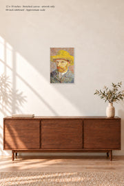 Self-Portrait with a Straw Hat · 12 × 18 inches · Stretched canvas · no border or text · room mockup · approximate scale against 60-inch sideboard