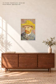 Self-Portrait with a Straw Hat · 16 × 24 inches · Stretched canvas · no border or text · room mockup · approximate scale against 60-inch sideboard
