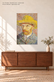 Self-Portrait with a Straw Hat · 24 × 36 inches · Stretched canvas · no border or text · room mockup · approximate scale against 60-inch sideboard