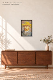 Self-Portrait with a Straw Hat · 12 × 18 inches · Canvas + Black Floater Frame · room mockup · approximate scale against 60-inch sideboard