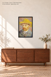 Self-Portrait with a Straw Hat · 16 × 24 inches · Canvas + Black Floater Frame · room mockup · approximate scale against 60-inch sideboard