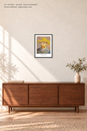 Self-Portrait with a Straw Hat · 12 × 16 inches · Art print in a simple black frame · frame not included · room mockup · approximate scale against 60-inch sideboard