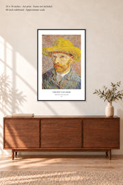 Self-Portrait with a Straw Hat · 24 × 36 inches · Art print in a simple black frame · frame not included · room mockup · approximate scale against 60-inch sideboard