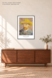 Self-Portrait with a Straw Hat · 19¾ × 27½ inches (50 × 70 cm) · Art print in a simple black frame · frame not included · room mockup · approximate scale against 60-inch sideboard