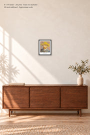 Self-Portrait with a Straw Hat · 8 × 10 inches · Art print in a simple black frame · frame not included · room mockup · approximate scale against 60-inch sideboard