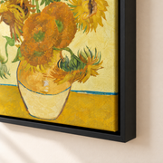 Black floater frame construction detail — example artwork shown; canvas texture and shadow gap