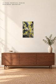 Blossoming Acacia Branches · 12 × 18 inches · Stretched canvas · artwork only · room mockup · approximate scale against 60-inch sideboard