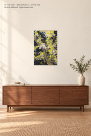 Blossoming Acacia Branches · 16 × 24 inches · Stretched canvas · artwork only · room mockup · approximate scale against 60-inch sideboard