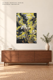 Blossoming Acacia Branches · 24 × 36 inches · Stretched canvas · artwork only · room mockup · approximate scale against 60-inch sideboard