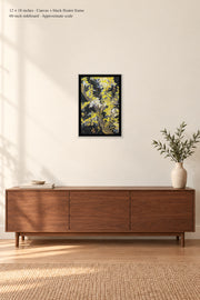 Blossoming Acacia Branches · 12 × 18 inches · Canvas + black floater frame · room mockup · approximate scale against 60-inch sideboard