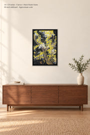 Blossoming Acacia Branches · 16 × 24 inches · Canvas + black floater frame · room mockup · approximate scale against 60-inch sideboard