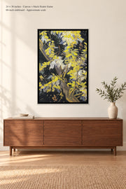 Blossoming Acacia Branches · 24 × 36 inches · Canvas + black floater frame · room mockup · approximate scale against 60-inch sideboard