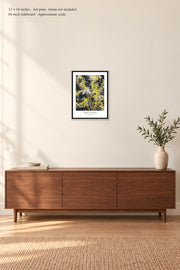 Blossoming Acacia Branches · 12 × 16 inches · Art print · frame not included · room mockup · approximate scale against 60-inch sideboard