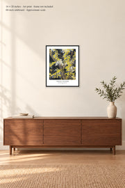 Blossoming Acacia Branches · 16 × 20 inches · Art print · frame not included · room mockup · approximate scale against 60-inch sideboard