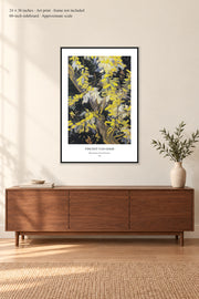 Blossoming Acacia Branches · 24 × 36 inches · Art print · frame not included · room mockup · approximate scale against 60-inch sideboard