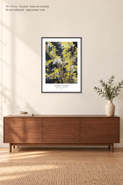Blossoming Acacia Branches · 50 × 70 cm · Art print · frame not included · room mockup · approximate scale against 60-inch sideboard