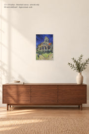 The Church at Auvers · 12 × 18 inches · Stretched canvas · artwork only · room mockup · approximate scale against 60-inch sideboard