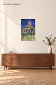 The Church at Auvers · 16 × 24 inches · Stretched canvas · artwork only · room mockup · approximate scale against 60-inch sideboard