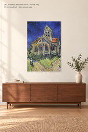 The Church at Auvers · 24 × 36 inches · Stretched canvas · artwork only · room mockup · approximate scale against 60-inch sideboard