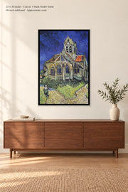 The Church at Auvers · 24 × 36 inches · Canvas + black floater frame · room mockup · approximate scale against 60-inch sideboard