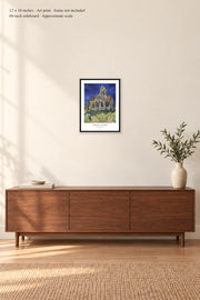 The Church at Auvers · 12 × 16 inches · Art print · frame not included · room mockup · approximate scale against 60-inch sideboard