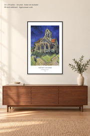 The Church at Auvers · 24 × 36 inches · Art print · frame not included · room mockup · approximate scale against 60-inch sideboard