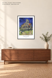 The Church at Auvers · 50 × 70 cm · Art print · frame not included · room mockup · approximate scale against 60-inch sideboard