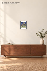 The Church at Auvers · 8 × 10 inches · Art print · frame not included · room mockup · approximate scale against 60-inch sideboard