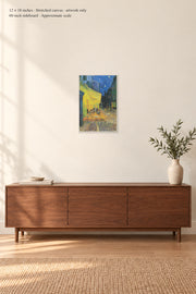 Café Terrace at Night · 12 × 18 inches · Stretched canvas · artwork only · room mockup · approximate scale against 60-inch sideboard