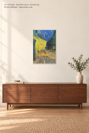 Café Terrace at Night · 16 × 24 inches · Stretched canvas · artwork only · room mockup · approximate scale against 60-inch sideboard