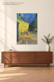 Café Terrace at Night · 24 × 36 inches · Stretched canvas · artwork only · room mockup · approximate scale against 60-inch sideboard