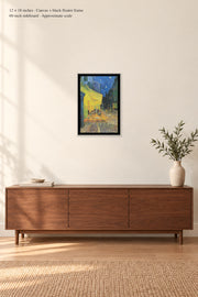 Café Terrace at Night · 12 × 18 inches · Canvas + black floater frame · room mockup · approximate scale against 60-inch sideboard