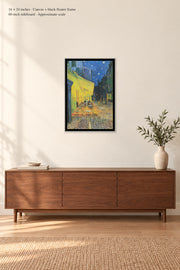 Café Terrace at Night · 16 × 24 inches · Canvas + black floater frame · room mockup · approximate scale against 60-inch sideboard