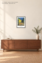 Café Terrace at Night · 12 × 16 inches · Art print · frame not included · room mockup · approximate scale against 60-inch sideboard
