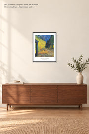 Café Terrace at Night · 16 × 20 inches · Art print · frame not included · room mockup · approximate scale against 60-inch sideboard