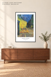 Café Terrace at Night · 24 × 36 inches · Art print · frame not included · room mockup · approximate scale against 60-inch sideboard