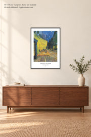 Café Terrace at Night · 50 × 70 cm · Art print · frame not included · room mockup · approximate scale against 60-inch sideboard