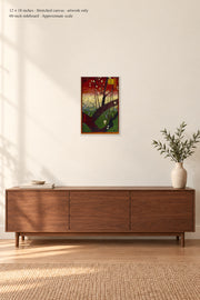 Flowering Plum Tree (after Hiroshige) · 12 × 18 inches · Stretched canvas · artwork only · room mockup · approximate scale against 60-inch sideboard