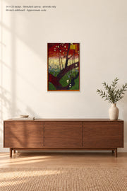 Flowering Plum Tree (after Hiroshige) · 16 × 24 inches · Stretched canvas · artwork only · room mockup · approximate scale against 60-inch sideboard